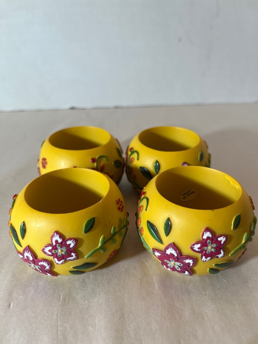 Yellow Floral Ceramic napkin ring Holders - Set of 4